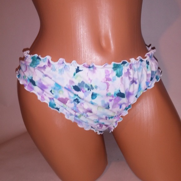 Shade and Shore Swim Bikini Bottom Medium White Purple Blue Floral Ruffle Scrunc - Picture 1 of 6